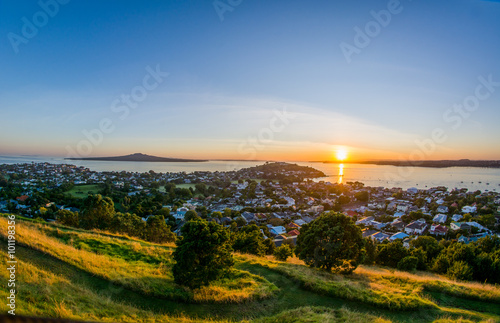 Beautiful sunrise over the Hauraki Gulf..Elevated view from mount Victoria.