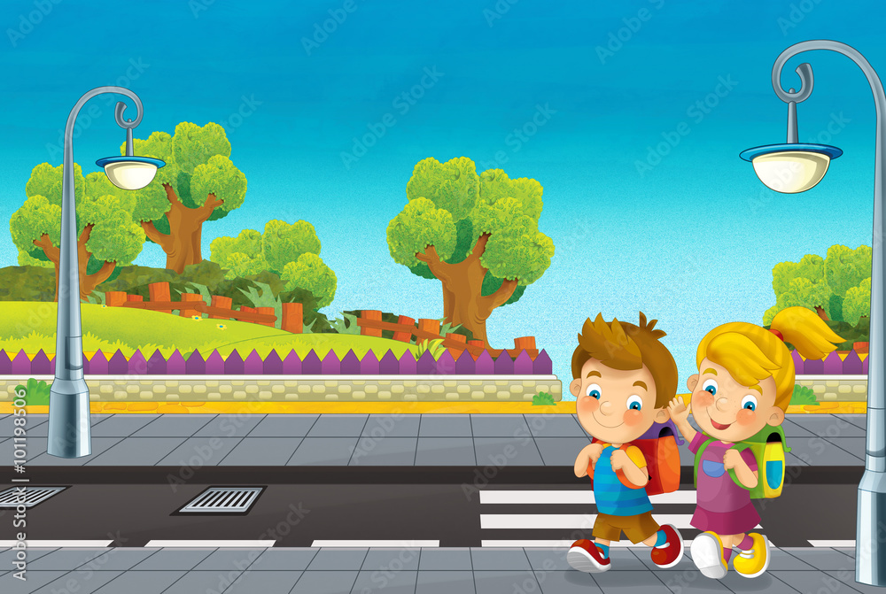 Cartoon scene with children walking on the street - illustration for the  children Stock Illustration | Adobe Stock