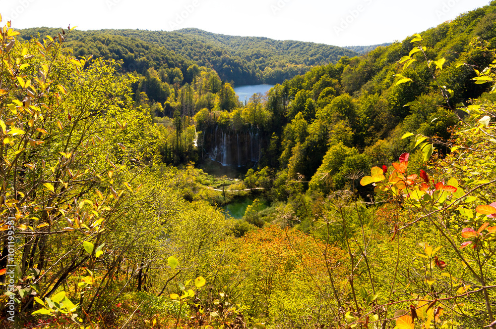 Beautiful viewpoint in Plitvice national park in Croatia in autumn