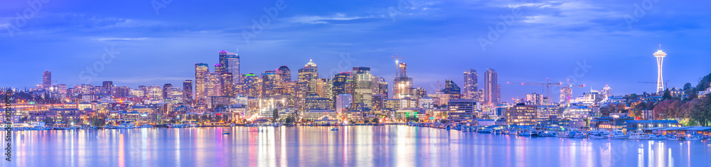 scenic view of Seattle cityscape in the night time with reflection in the water,Washington,usa.