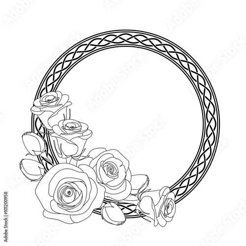 ornament with celtic motive and roses, antistress coloring page for adults, illustration