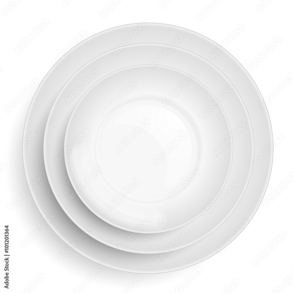 An illustration of three white plates stacked on top of each other. Overhead view An illustration of three white plates stacked on top of each other. Overhead view