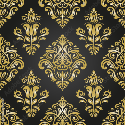 Damask seamless black and golden ornament. Traditional vector pattern. Classic oriental background