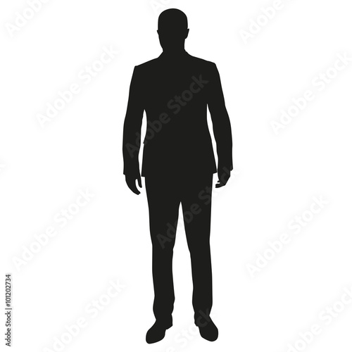 Businessman standing. Front view of man in suit, vector silhouet