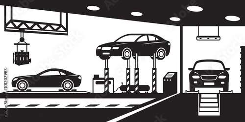 Garage with stand, canal and crane - vector illustration