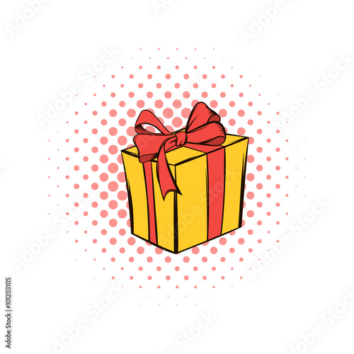 Yellow gift box with a red ribbon comics icon 