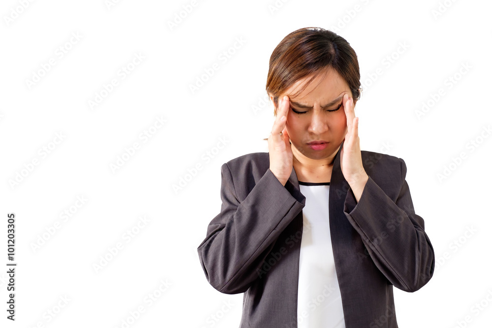 portrait of businesswoman having headache isolated on white background portrait of businesswoman having headache isolated on white background