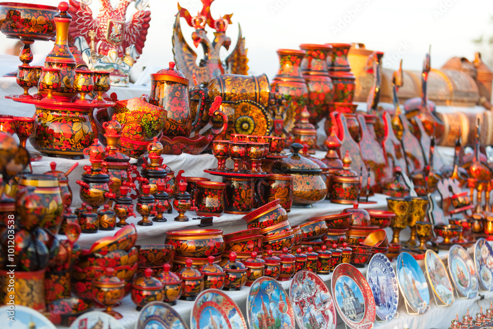 Colorful Russian wooden souvenirs at the market