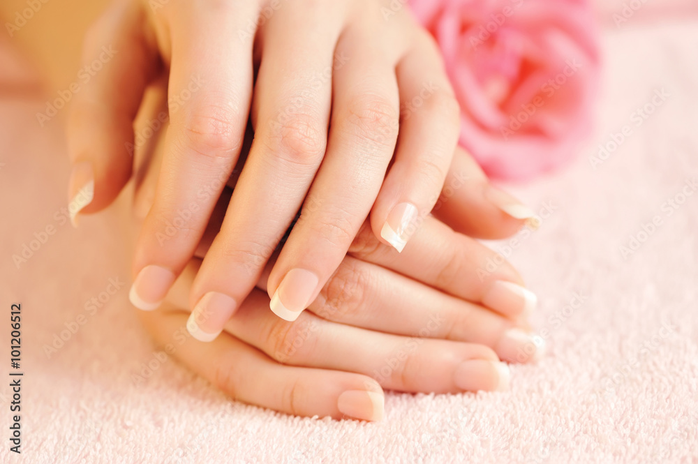Naklejka premium Closeup image of pink french manicure