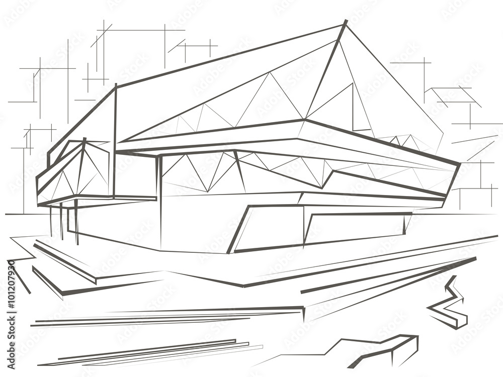 Fototapeta premium architecturallinear sketch modern building on city background