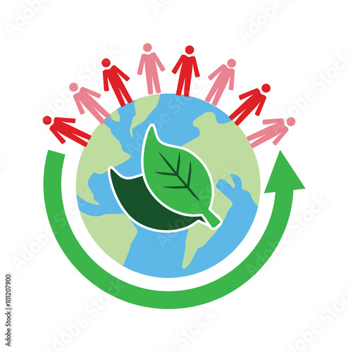 Vector image of a globe with leaves, people above and an arrow circling