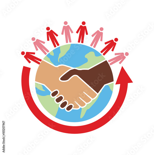 Vector image of a globe with a handshake, people above and an arrow circling  
