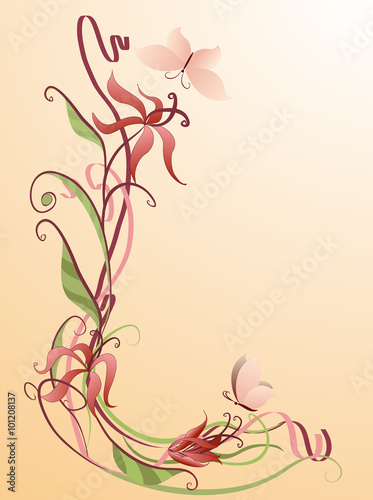 Background for text with lilies and butterflies in art Nouveau style.