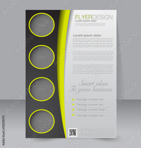 Brochure design. Flyer template. Editable A4 poster for business, education, presentation, website, magazine cover. Yellow and black color.