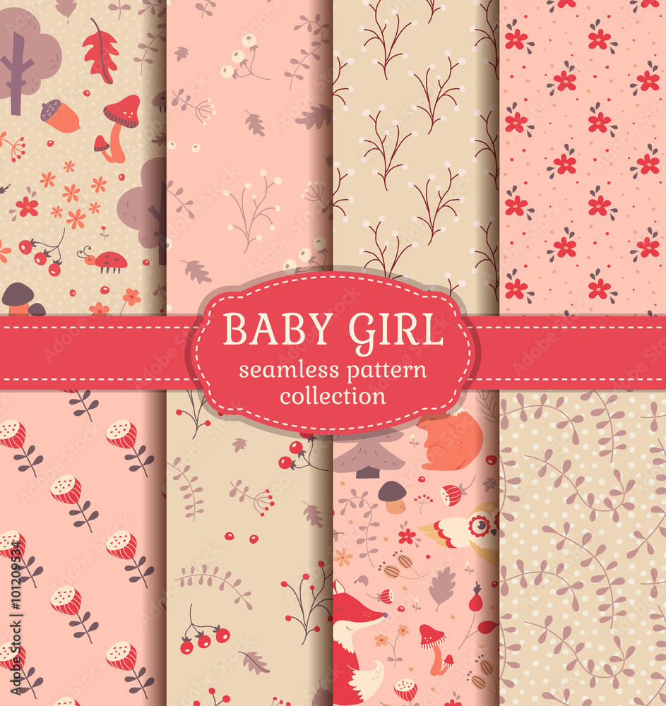 Baby girl seamless patterns. Vector collection. Baby girl seamless patterns. Vector collection.
