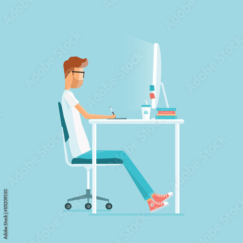  freelance  working on workplace.  web design. business character.people working in office