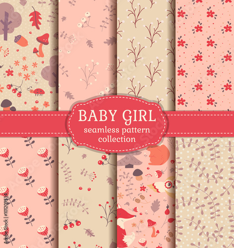 Baby girl seamless patterns. Vector collection.