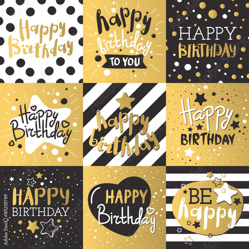 Set of beautiful birthday invitation cards decorated with colorful balloons, cakes and cartoon elephant.