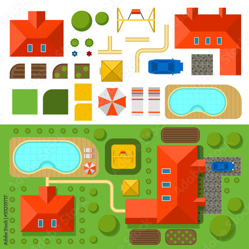 Plan of private house with garden, pool and car vector illustration