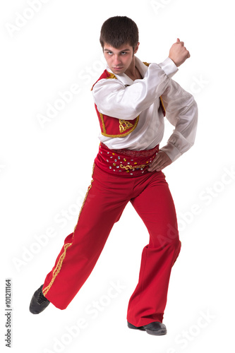 Dancing man wearing a toreador costume. Isolated on white in full length.