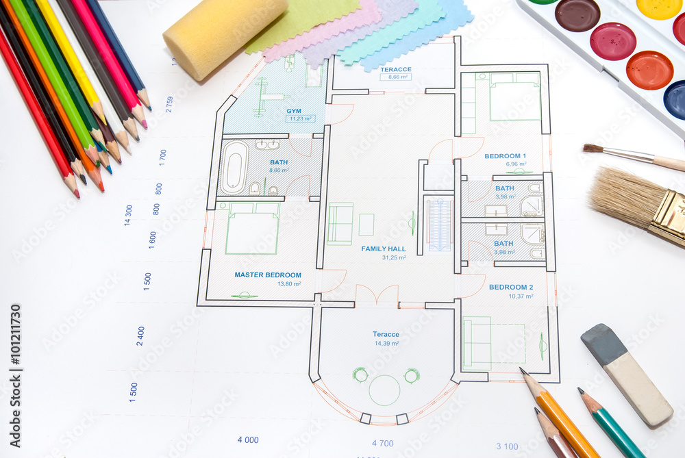 architectural plan of the house with color palette, pencil and fabric samples architectural plan of the house with color palette, pencil and fabric samples