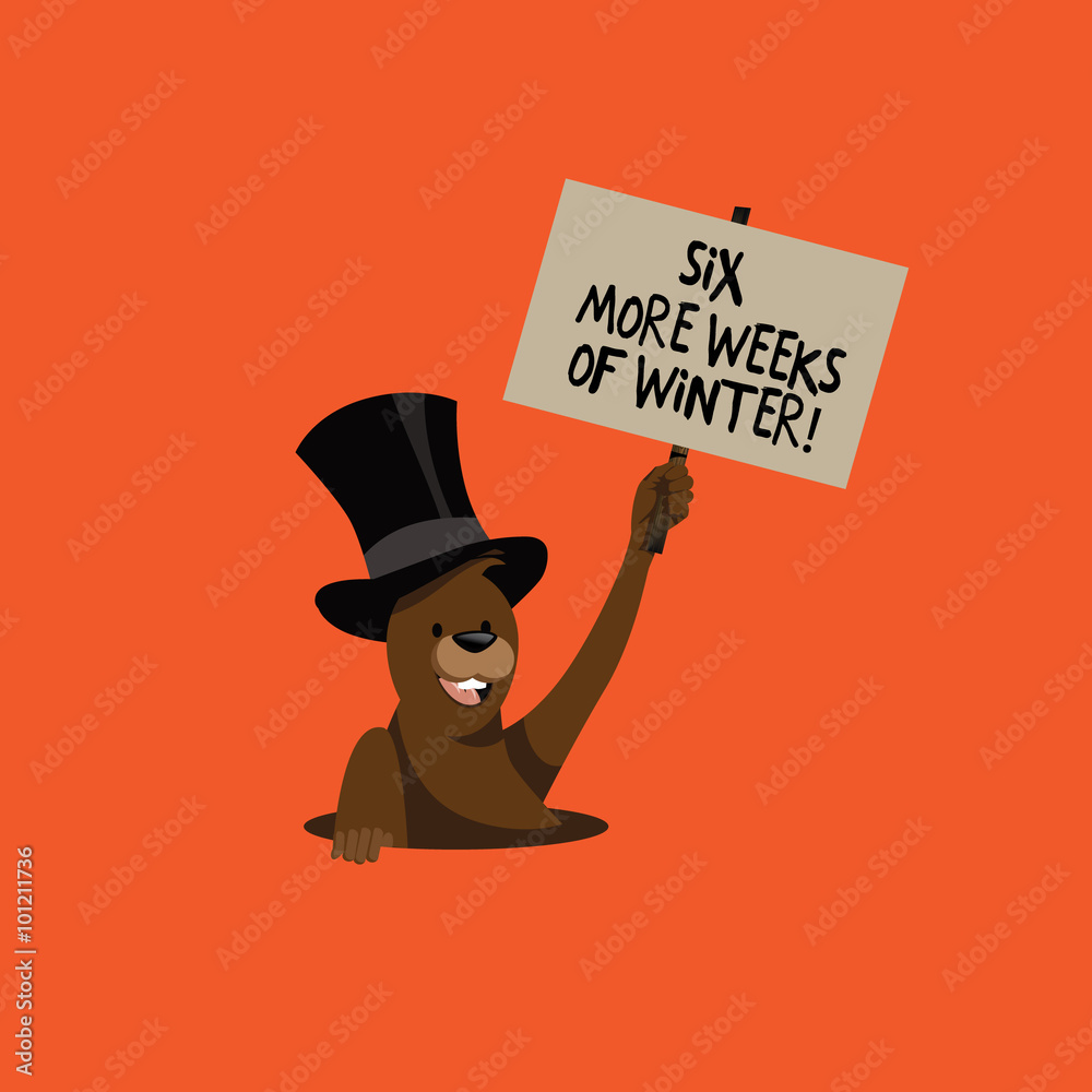 Groundhog Day cartoon marmot holding sign forecasting the weather.