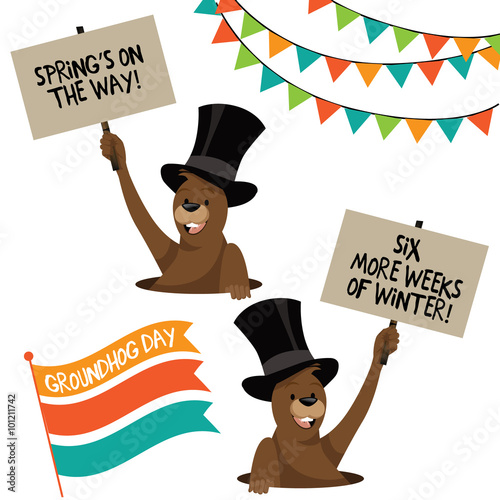 
Groundhog Day cartoon marmot holding sign forecasting the weather.