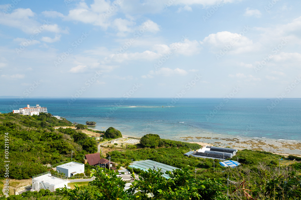 Okinawa village with clear blue sky
