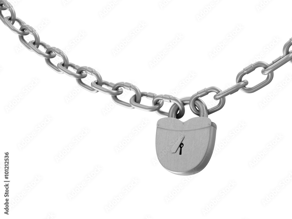 Heavy Old Iron Padlock with Chain isolated on white background Heavy Old Iron Padlock with Chain isolated on white background