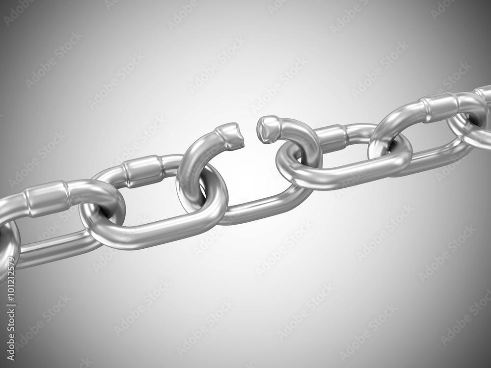 The Weakest Link Concept. Broken Metal Chain on gradient background