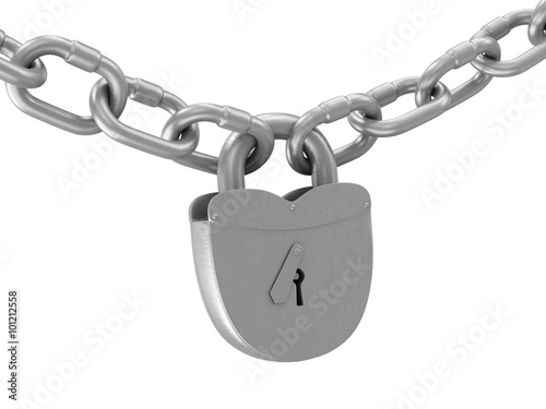 Heavy Old Iron Padlock with Chain isolated on white background