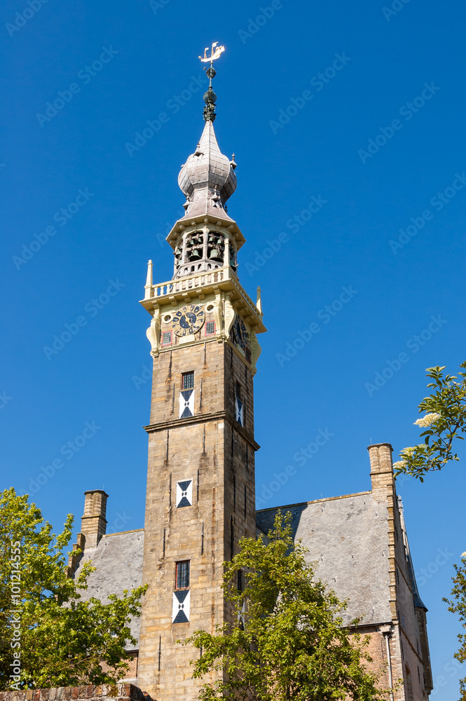 Obraz premium Bell tower of Old Church in the city of Veere, Zeeland province in the Netherlands