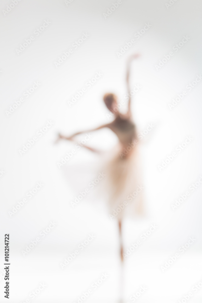 Blurred silhouette of ballerina on white background - obrazy, fototapety, plakaty 