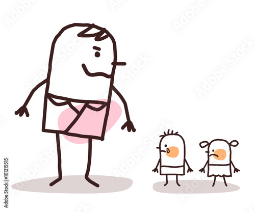 cartoon big man abusing two small children
