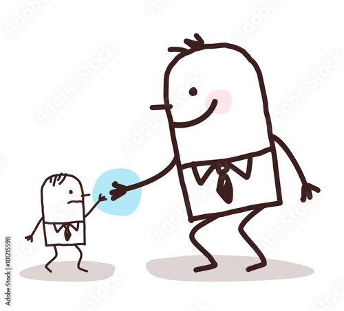 cartoon big businessman giving a hand to a small one