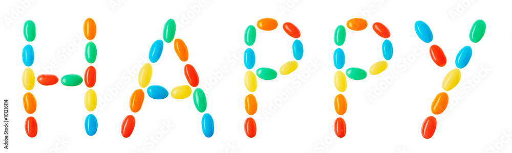 happy lettering made of multicolored candies isolated on white