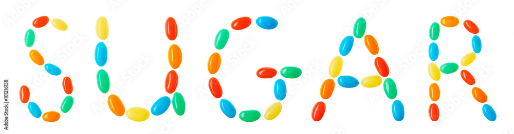 sugar lettering made of multicolored candies isolated on white