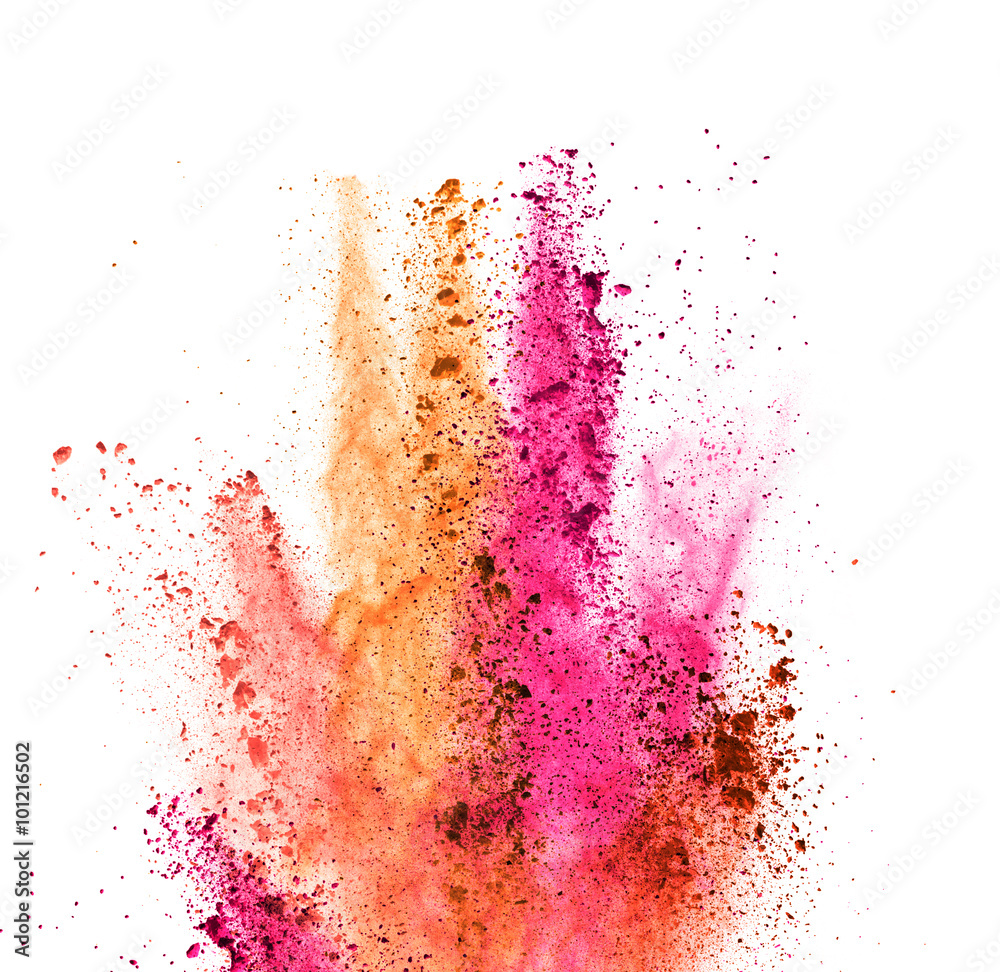 Explosion of colored powder on white background