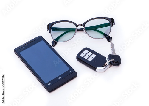 Car key remote, Black Eye Glasses, Smartphone, mobile phone isol