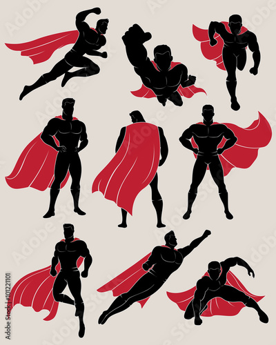 Fototapeta Set of superhero in 9 different poses. No gradient used.