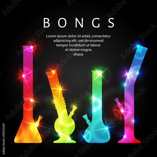 Cannabis bongs. Vector illustration of bongs for ganja smoking. Glowing multicolored silhouettes of marijuana bongs.
