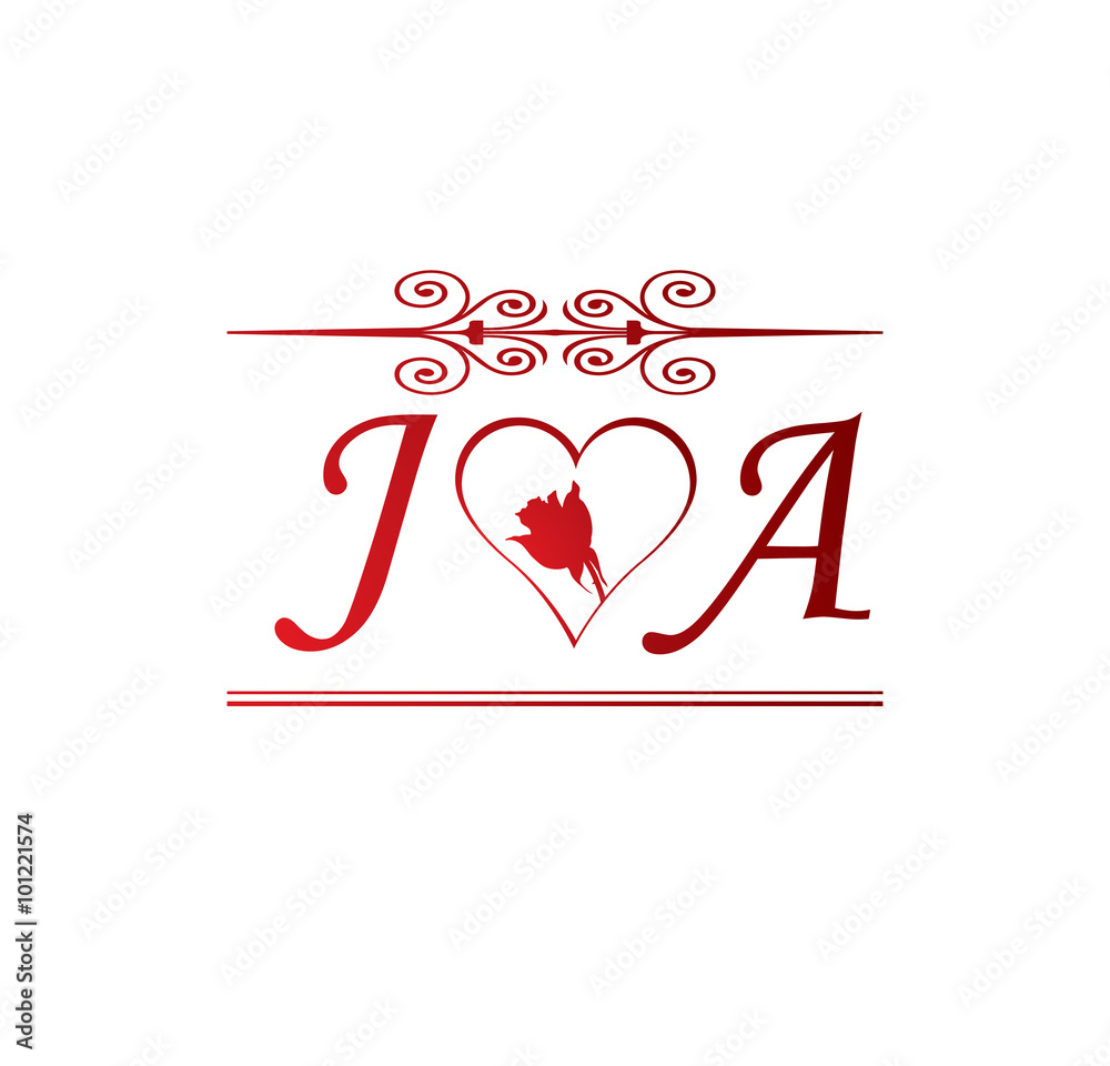 JA love initial with red heart and rose Stock Vector | Adobe Stock