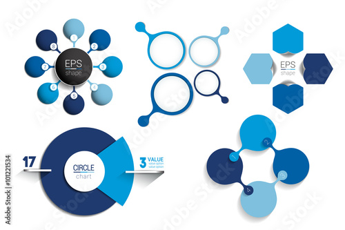Circle infographic template. Round net diagram, graph, presentation, chart. Connected concept with 8 bubbles, options, steps, parts, text fields, processes. Blue vector design.