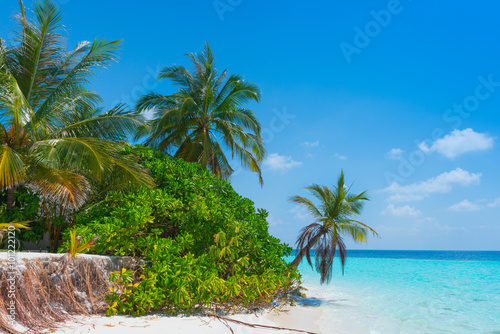 Fototapeta Naklejka Na Ścianę i Meble -  Panorama of a tropical island with turquoise lagoon, white sand beach and palm trees. Bright blue sky with clouds low over the ocean.