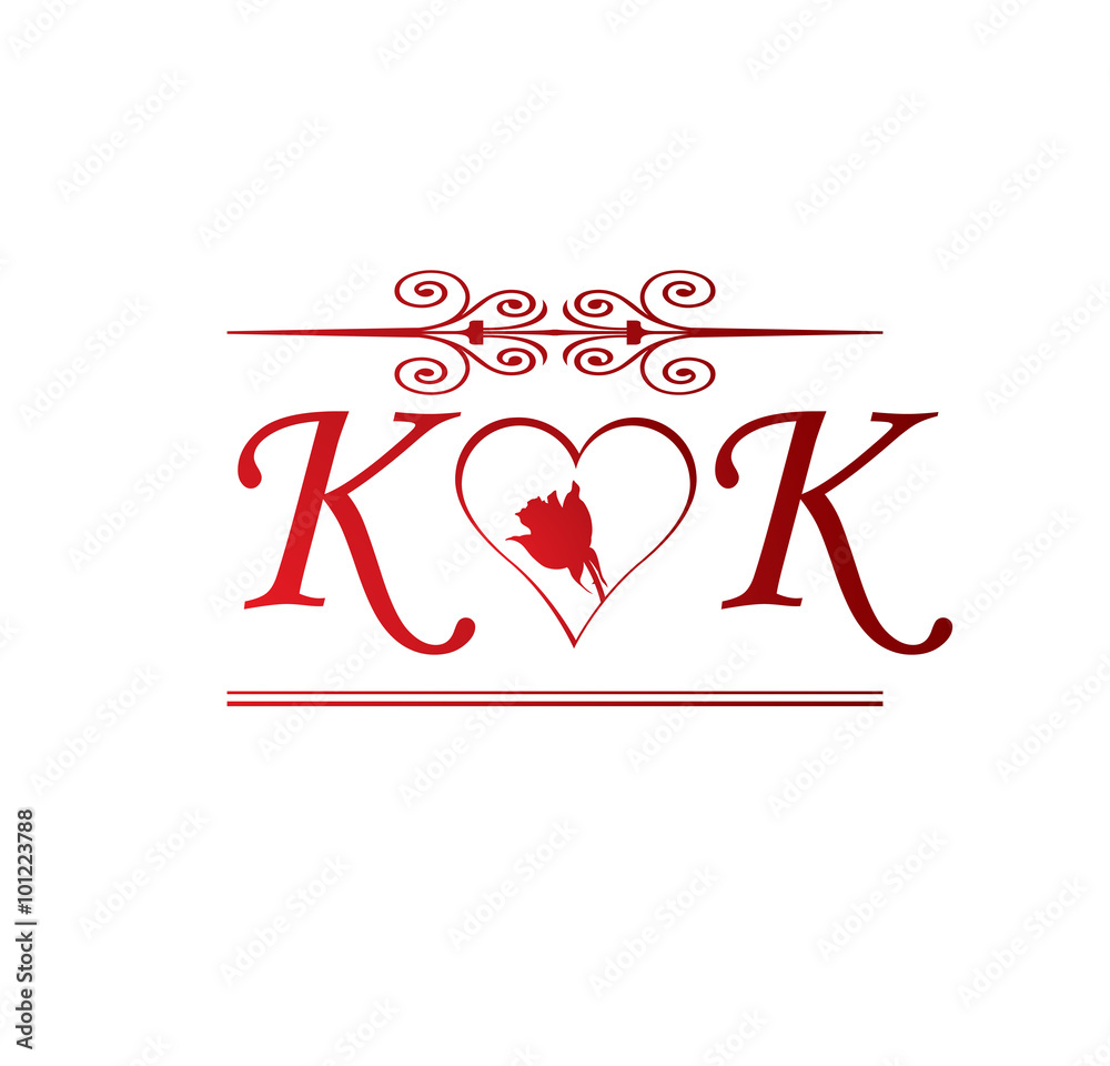 KK love initial with red heart and rose Stock Vector | Adobe Stock