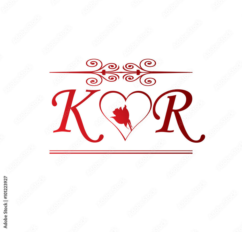KR love initial with red heart and rose Stock Vector | Adobe Stock