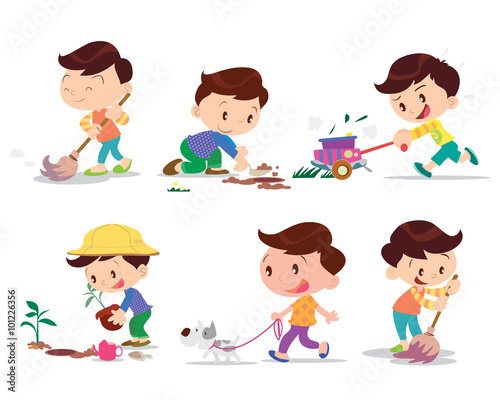 boy working home  many action