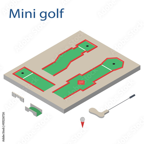 Isometric sport object. Mini golf playground isolated on white. Sports infrastructure vector. Isometric golf course, ball, golf club and equipment vector. Location for web, app, game, informing