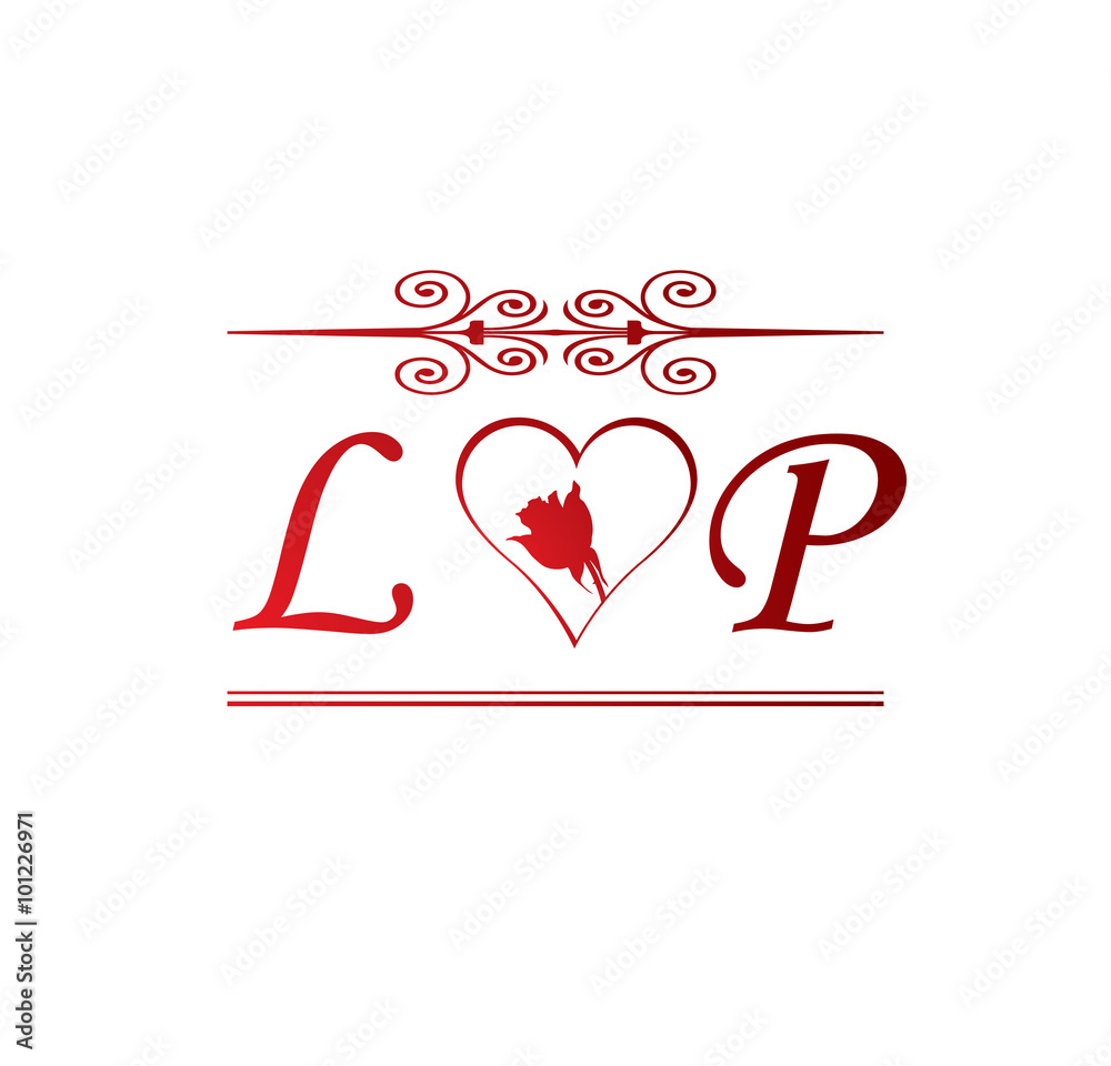LP love initial with red heart and rose Stock Vector | Adobe Stock