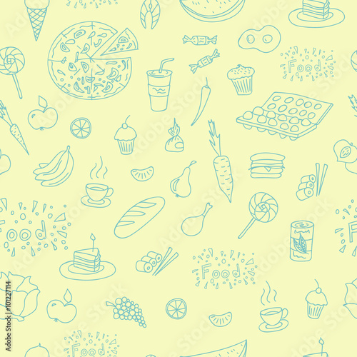 Vector doodle food elements pattern. Doodle pattern with cooking elements hand drawn for web design, textile design, wallpapers and backgrounds. © sanumko